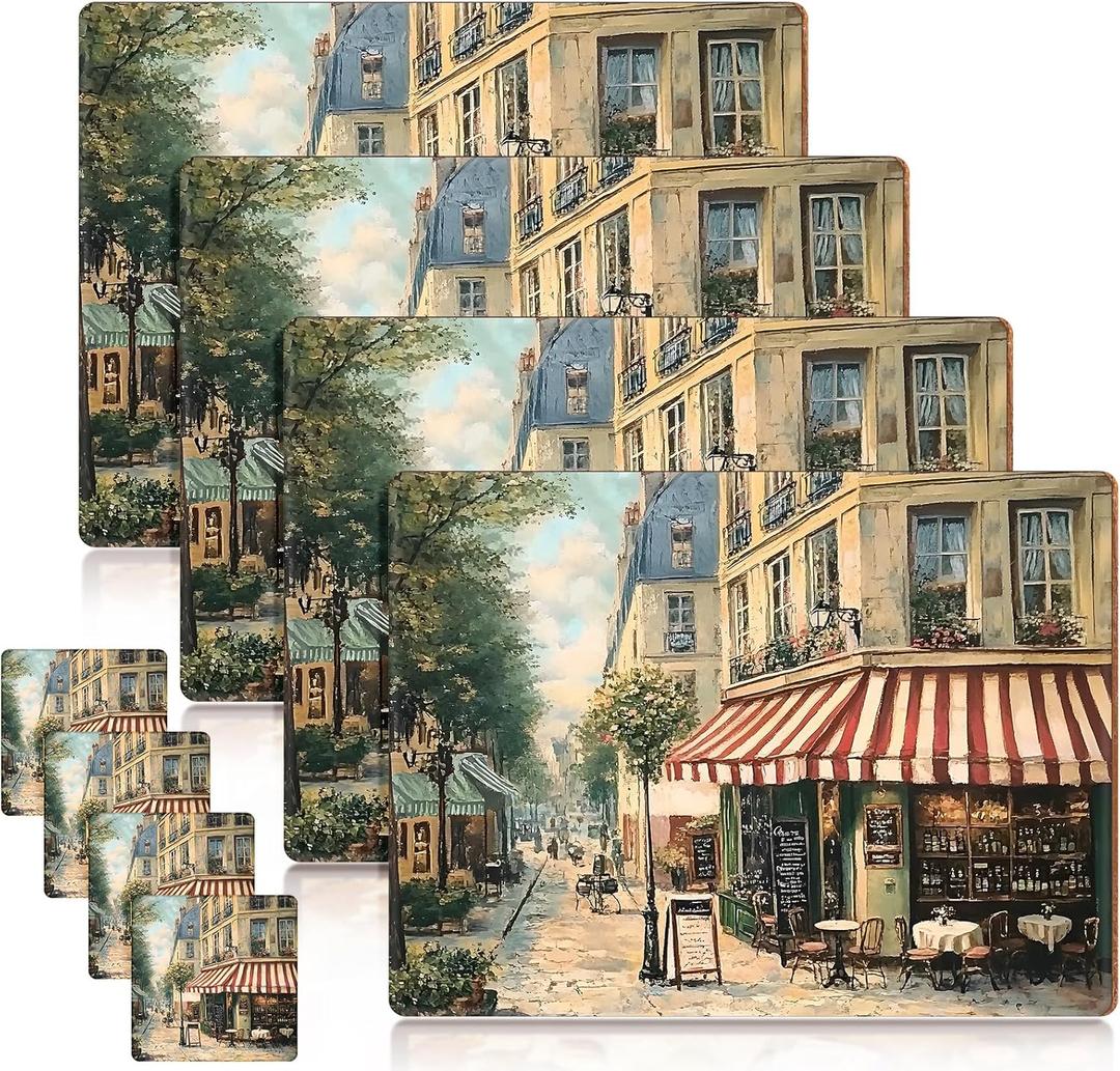 4 Sets Cork Placemats with Coasters Include Street Scene Table Mats and Square Coasters Cork Placemats Set for Kitchen Dinner Table Setting Supplies, 11.4 x 15.4 Inch