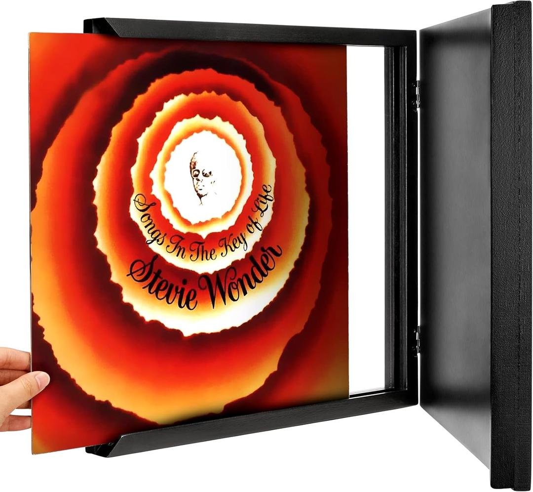 ONE WALL 12 x 12 Inch Vinyl Record Frame for Play & Display Album, Solid Wood Front-Opening Frame Mount LP Covers with Clear Acrylic, Black