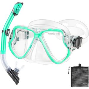 PIYAZI Snorkeling Gear for Adults Kids, Dry Snorkeling Set, Panoramic Anti-Leak and Anti-Fog Tempered Glass Lens, Adjustable Strap Snorkel Set with Mesh Bag Ear Plug for Snorkeling Scuba Diving Travel (Kids(3-14 Ages), Turquoise Blue+Transparent)