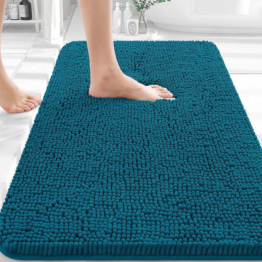 OLANLY Bathroom Rugs 32x20, Extra Soft Absorbent Chenille Bath Rugs, Rubber Backing Quick Dry, Machine Washable Bath Mats for Bathroom Floor, Tub and Shower, Home Decor Accessories, Peacock Blue