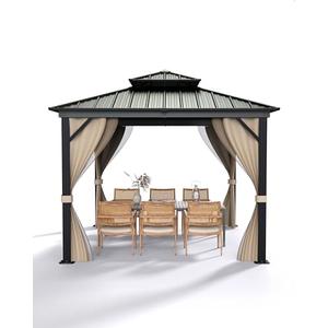GarveeLife 10 ft x10 ft Hardtop Gazebo for All Weather, with Double Metal Roof, Aluminum Alloy Frame, Net, and Curtain, Permanent Building for Patio, Deck, Backyard, Lawn, and Garden