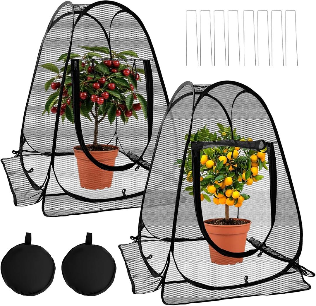 2 Pack 28 x 28 x 32 Inch Pop-up Gardening Net Cover with 8 Extended Stakes, Windproof Blizzard-Resistant, Plant Tent Cage for Vegetable Flower Fruit, Guard from Bird and Pest