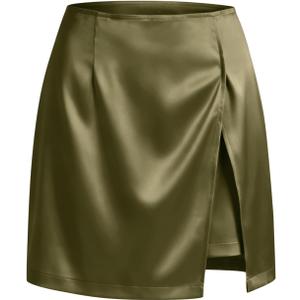 Cicy Bell Womens Satin Mini Skirt Casual High Waisted Side Slit A-line Work Skirts with Shorts (Green, L)
