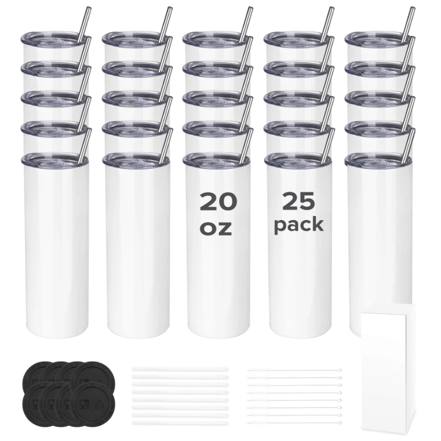 20 oz Sublimation Skinny Tumbler | 25 Pack Complete Set with 25 Tumbler, 25 Plastic straw, 25 Metal straw, 25 Straw brush, 25 Silicone pad, 25 Shrink wrap, 25 Gift box