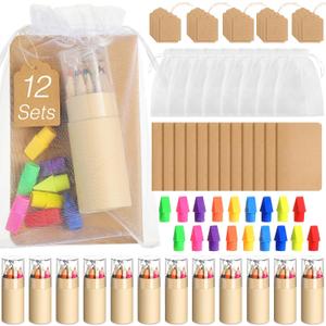 Skyygemm 12 Set Mini Colored Pencils Bulk with Sharpeners Party Favors Inspirational Rainbow Pencil Easter Gifts Mini Notebooks Erasers Cards and Clear Gift Bag (Wood Color)