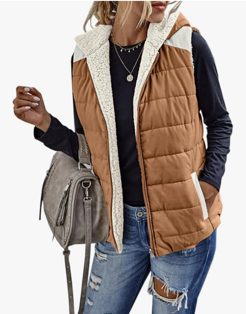 Womens Sherpa Fleece Full Zip Reversible Vest Warm Color Block Hoodie Outwear with Pocket< Brown, M-L