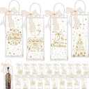 Henoyso 24 Pcs Christmas Wine Gift Bags Bulk Holiday Foil Wine Bottle Covers, Christmas Clear Gift Bags with Handles and Bow Ribbon for Xmas Wedding Engagements Party, 13 x 5 x 4 Inches (Gold)