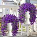 Artificial Hanging Flowers for Outdoors, 4 PCS 600 Blooms UV Resistant Morning Glory Faux Silk Vines, No-Odor Realistic Fake Plants for Garden Planter Porch Patio Decoration, Purple