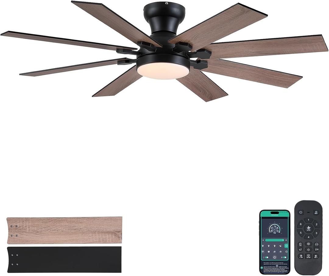 52" Low Profile Ceiling Fans with Lights and Remote, Modern Outdoor Ceiling Fans with 3 Colors 6 Speeds, Flush Mount Ceiling Fan Light with Reversible DC Motor