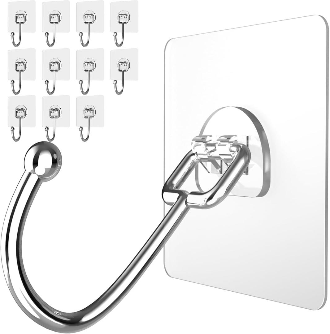 Latoxcaa Large Adhesive Hooks 12-Pack, Heavy Duty Wall Hooks for Bathroom, Kitchen, Outdoor, Strong Self-Adhesive Towel & Coat Hooks, Waterproof Transparent Utility Hooks for Home Improvement