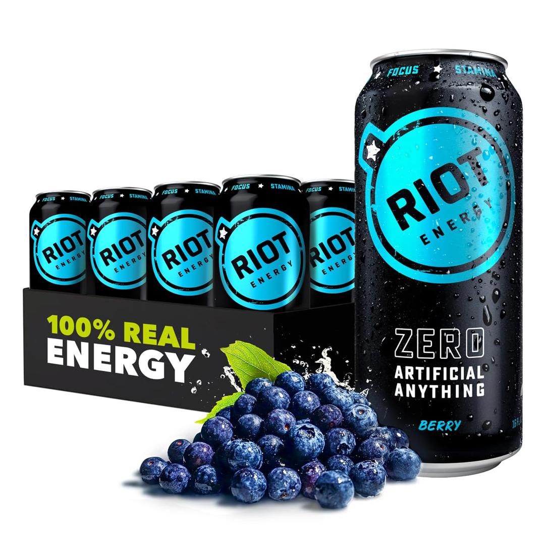 RIOT Clean Energy Drink 16 Fl Oz (Pack of 12) (Berry) (EXP 05/18/27)