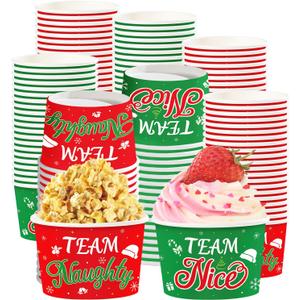 120Pcs Christmas Ice Cream Cups 12 oz Disposable Team Naughty Team Nice Paper Dessert Snack Bowls Xmas Red Green Winter Food Yogurt Cup Containers for Hot or Cold Food Candies Holiday Party Supplies