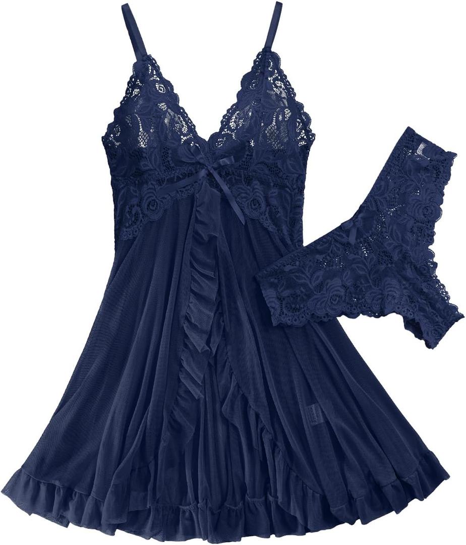 Foxiny Sexy Ruffle Sheer Mesh Lace Wireless Babydoll Lingerie Dress with Thong 2 Piece (Blue, L)