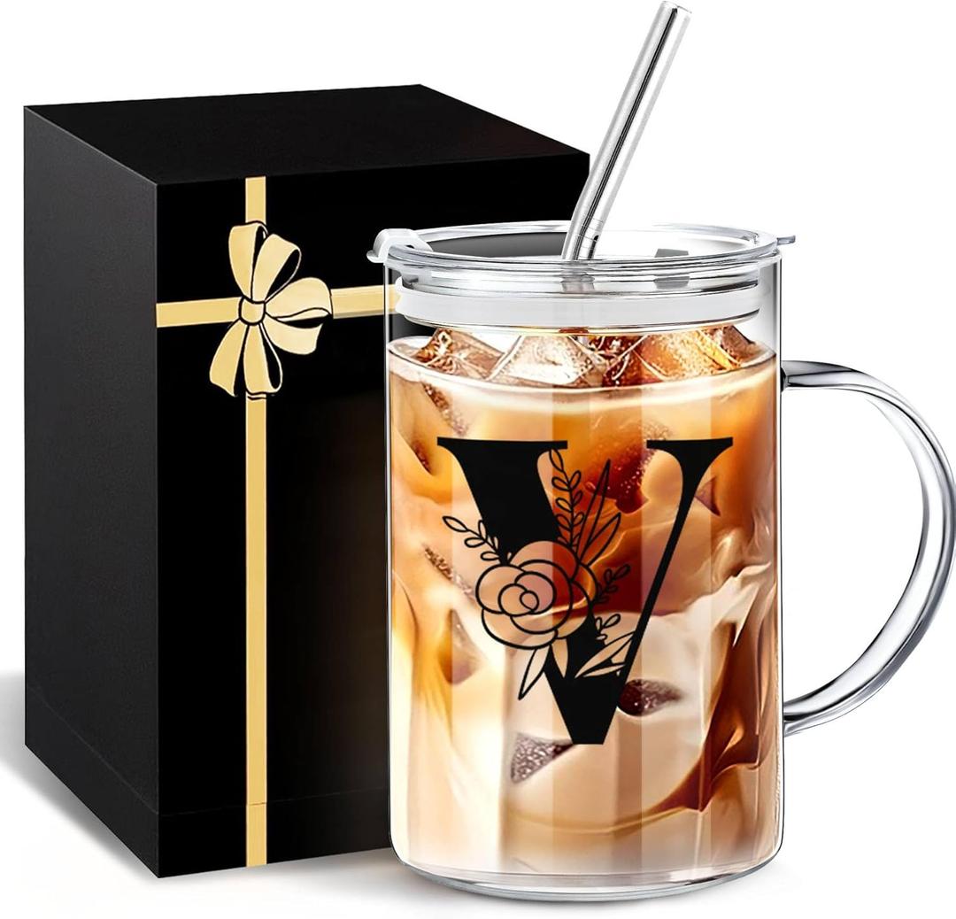 Initial Extra Large Glass Drinking Cup With Lid Straw Comfort Gifts For Woman Coffee Cup Regalos Para Mujer Teen Girl Trendy Stuffs Iced Glass Tumbler Must Haves For Women Apartment Essentials