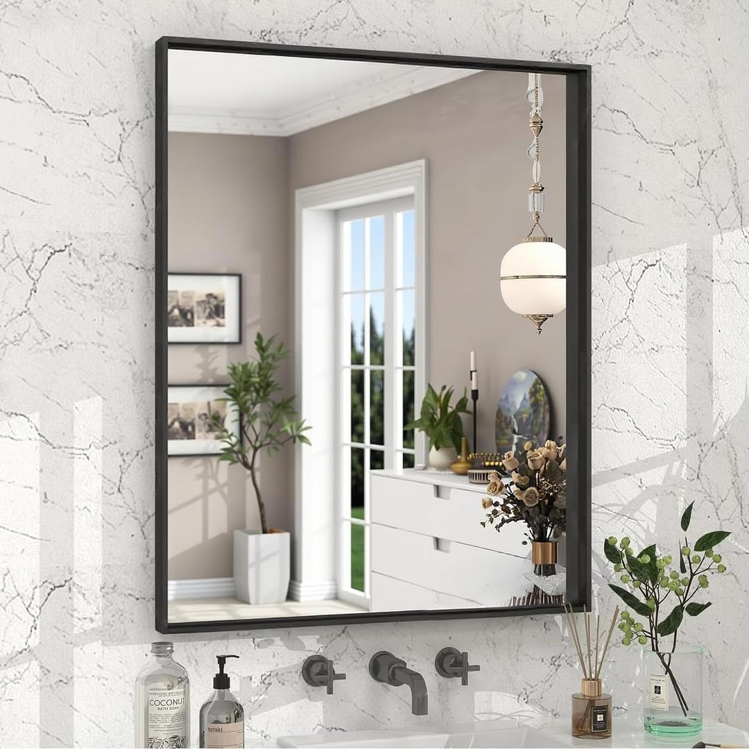 Black Bathroom Mirrors for Over Sink, 36"x 24" Wall Vanity Mirror, Matte Framed Rectangle Mirror for Wall, Living Room Entryway, Anti-Rust, Tempered Glass Hangs Horizontally or Vertically
