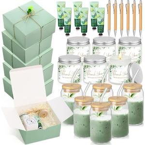 6 Sets Baby Shower Prizes for Winners, Baby Shower Favors Gifts Including Glass Cup Scented Candles Hand Cream Pens Gift Box with Raffia for Gender Reveal Bridal Party Guests Favors(Green)