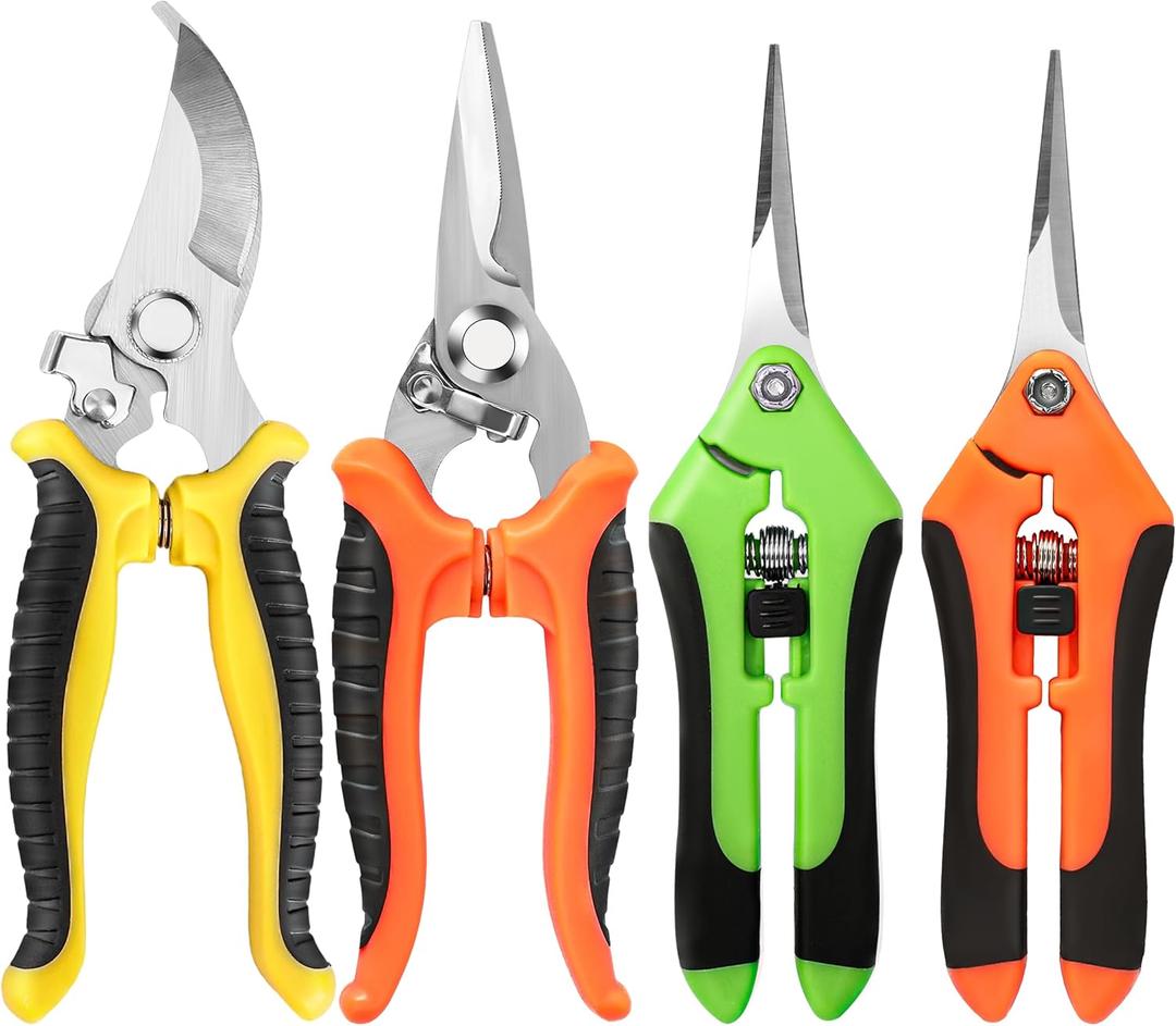 EWPJDK 4 Pack Garden Pruning Shears, Stainless Steel Garden Shears, Gardening Shears, Garden Scissors, Clippers, Pruning Snips, Pruning Shears for Gardening Tools (4PCS, Yellow, Orange, Green)