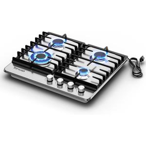 TOPWISH 24 Inch Gas Cooktop, Propane Stove Top with 4 Burners 27,400 BTU, NG/LPG Convertible Built-in Stainless Steel Stovetop with Thermocouple Protection for Kitchen, Apartments, RV