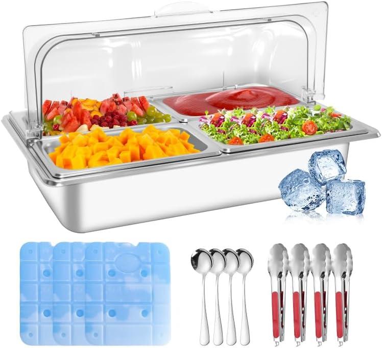Countertop Ice Food Serving Display Tray with 4 Pan, Salad Bar Buffet Station for Home, Cold Food Buffet Server, Pizza Topping Station, Cold Buffet Table Serving Station for Party