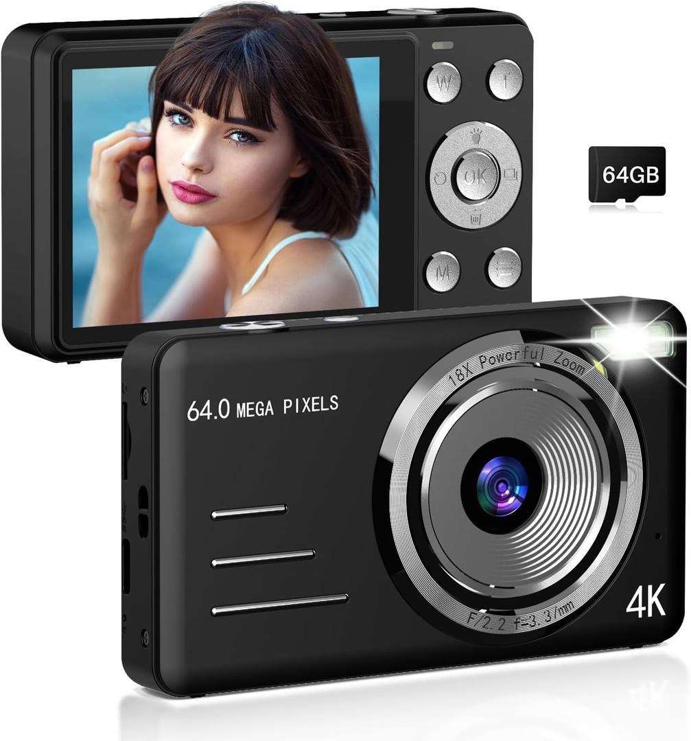 Forc Digital Camera, FHD 4K 64MP Point and Shoot Kids Digital Cameras with 64GB Card, 18X Zoom, Anti Shake, Compact Small Camera for Kids Gifts for Teens Girls Boys (Black-Enhanced version)
