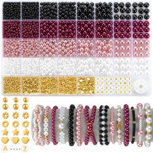 2256pcs Pearl Beads for Jewelry Making, Funtopia 4 Sizes Pink Black White Round Beads for Bracelets, Bracelet Making Kit with Gold Spacer Beads Letter Beads for Crafts Necklaces Earrings DIY
