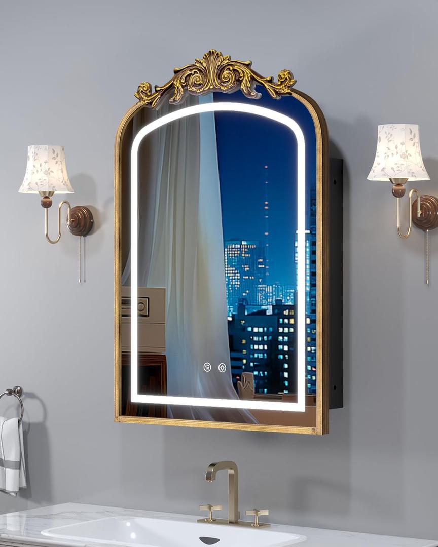 20"x30" LED Bathroom Medicine Cabinet with Mirror and Lights, Bronze Hand-Painted Baroque Bathroom Storage with Mirror, Recessed / Wall Mounted, Dimmable 3 Color Lighting Anti-fog ( with 1 Organizer), Frame:20"x30"