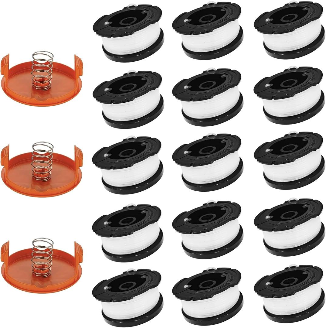 A ANLEOLIFE 18 Pack AF-100 Weed Eater Line Spool for Black+Decker String Trimmers, 30ft 0.065" Auto-Feed Replacement Spools(15 Spools+ 3 Caps+ 3 Springs)