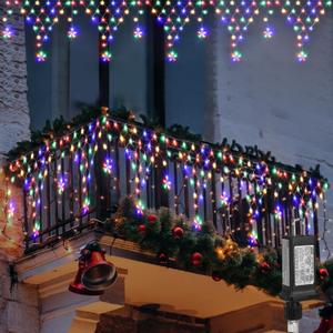 MINIAO Christmas Lights Outdoor Decorations 218 LED 13.8ft Curtain Fairy Lights with 12 Drops, LED String Light Decor with 8 Modes for Party Holiday Christmas Home Indoor Outdoor Decor Star Multicolor