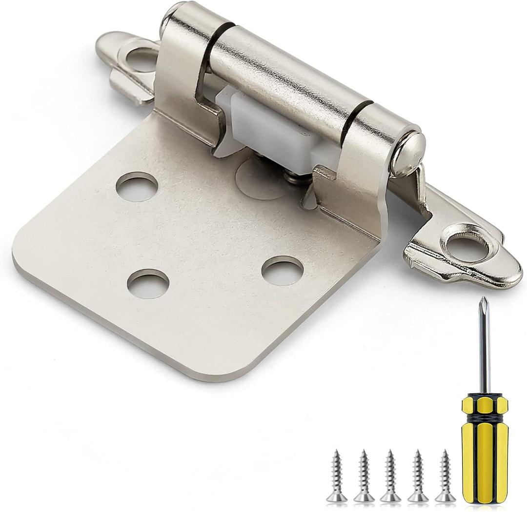Ravinte 50 Pack 25 Pairs 1/2 Inch Overlay Cabinet Door Hinges Kitchen Satin Nickel Semi-Concealed Face Mount Self-Closing Cabinet Hinges with Bumpers & Screwdriver