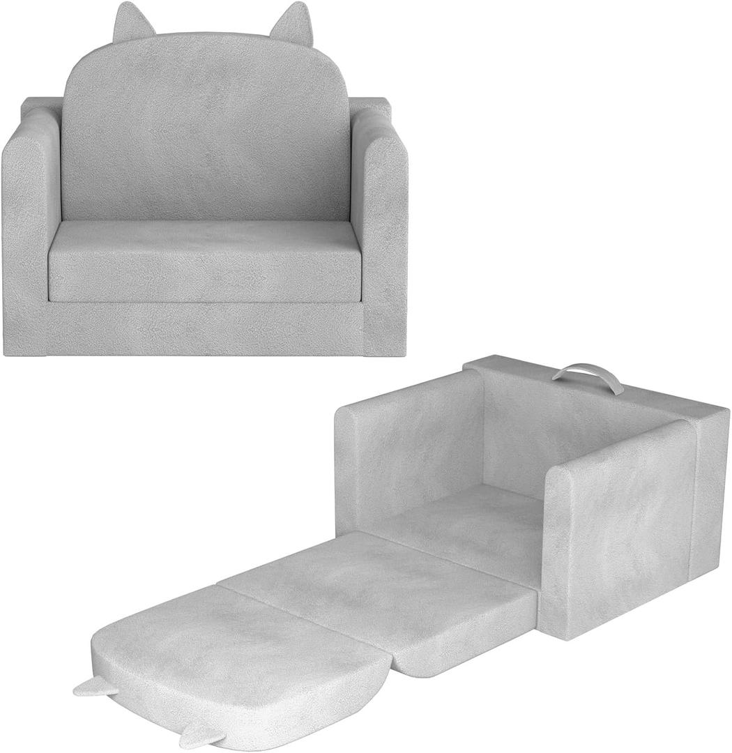 Kids Sofa Bed with Removable Washable Cover & Backrest Foldable Toddler Chair, Cozy Crystal Velvet Furniture for Playtime, Naps & Travel (Gray, Bear Design)