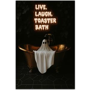 KYHLHS Live Laugh Toaster Bath Ghost Poster  Funny Gothic Bathroom Wall Art, Cute Ghost in Tub Canvas Print, Spooky Halloween Decor for Goth Restroom or Dark Aesthetic Room 16 x 24 Inch Unframed