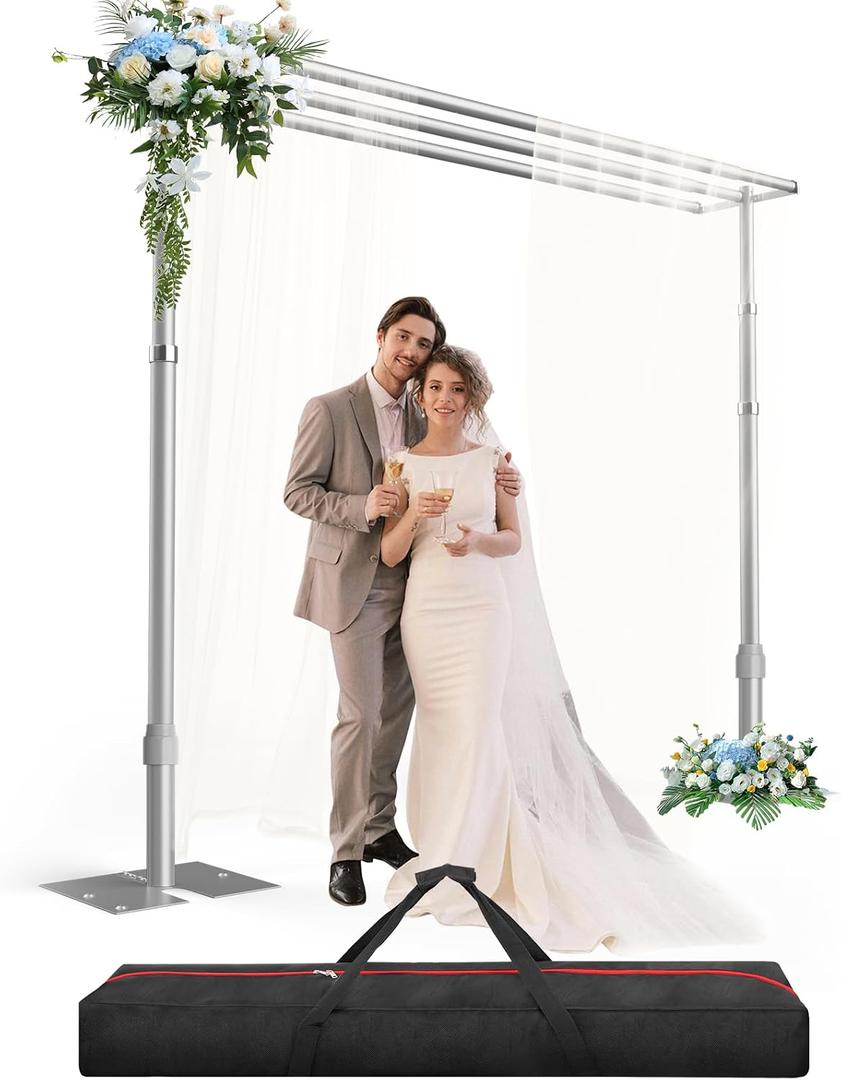 10x10ft Three Crossbar Heavy Duty Backdrop Stand for Wedding | Adjustable Pipe and Drape BackDrop Frame with Foldable Metal Base, 4 Side Crossbars Hang for Photo Party Decoration - Sliver