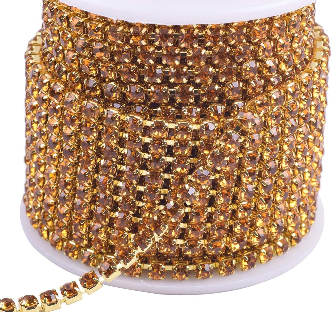 KAOYOO 10 Yards 4MM Crystal Rhinestone Close Chain Trim for Sewing Crafts,DIY Decoration (SS16/4.0mm, Golden with Topaz Beads)