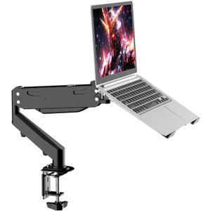 Pholiten Laptop Desk Mount with Gas Spring Arm, 2 in 1 Monitor Laptop Stand for 12-17 inch Notebook and 13-32 inch Computer Screen,Holds 22lbs. Full Motion Monitor Laptop Stand Mount with Vented Tray