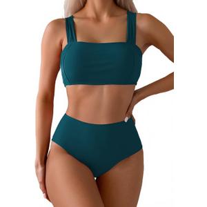 Fanuerg Women's High Waisted Bikini Sets Wide Straps Two Piece Swimsuit Floral Print Bathing Suits (Blue, S)