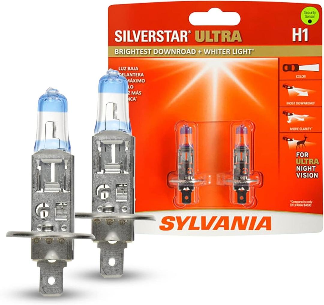 SYLVANIA - H1 SilverStar Ultra - High Performance Halogen Headlight Bulb, High Beam, Low Beam and Fog Replacement Bulb, Brightest Downroad with Whiter Light, Tri-Band Technology (Contains 2 Bulbs)