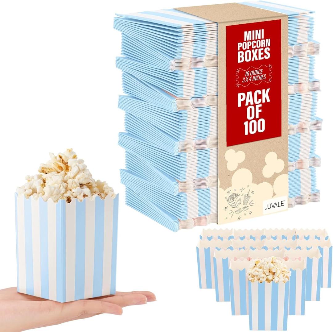 Juvale Mini Popcorn Boxes 100 Pack - Blue and White Striped Small Popcorn Containers for Party Favors, Movie Nights, Carnival Decorations, Circus Themes, and Snack Bars - Easy Assembly Paper Boxes