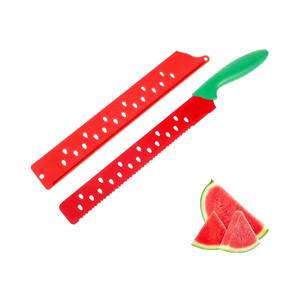 DECHOUS Watermelon Knife with Sleeve: Long Serrated Watermelon Knife for Melon Cutting - Kitchen Fruit Melon Cutter Slicer for Home Summer Party Fruit Serving (Red Green)