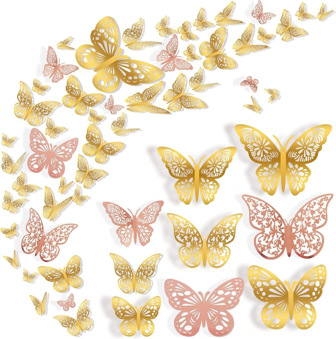 72 Pcs Butterfly Wall Decor, 3 Styles 3 Sizes 3D Butterfly, Gold and Rose Gold Butterfly, Wedding Decorations, Birthday Party Decorations, Girls Bedroom Decoration(72 Pcs, Gold and Rose Gold)