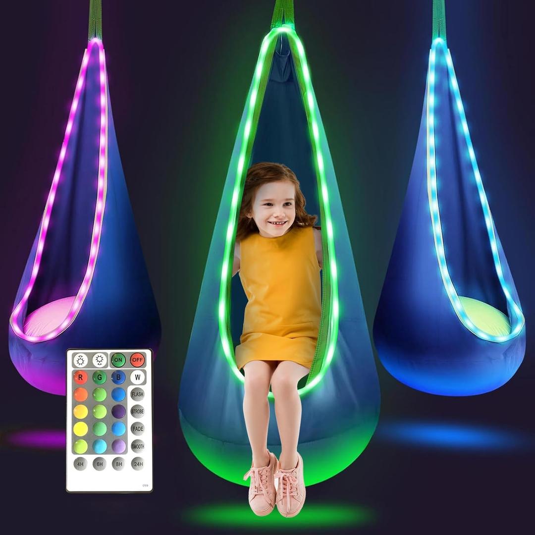 Light Up Kids Pod Swing Seat, Sensory Swing with 16 Colors Change and 4 Modes, Hanging Hammock Chair for Indoor and Outdoor (Pink)