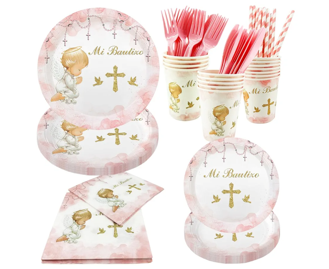 112 PCS Baptism Plates Napkins Cups Decoration for Girl Mi Bautizo Baby Shower First Holy Communion Disposable Party Tableware Newborn Christening God Bless Party Supplies Favors for 16 Guests