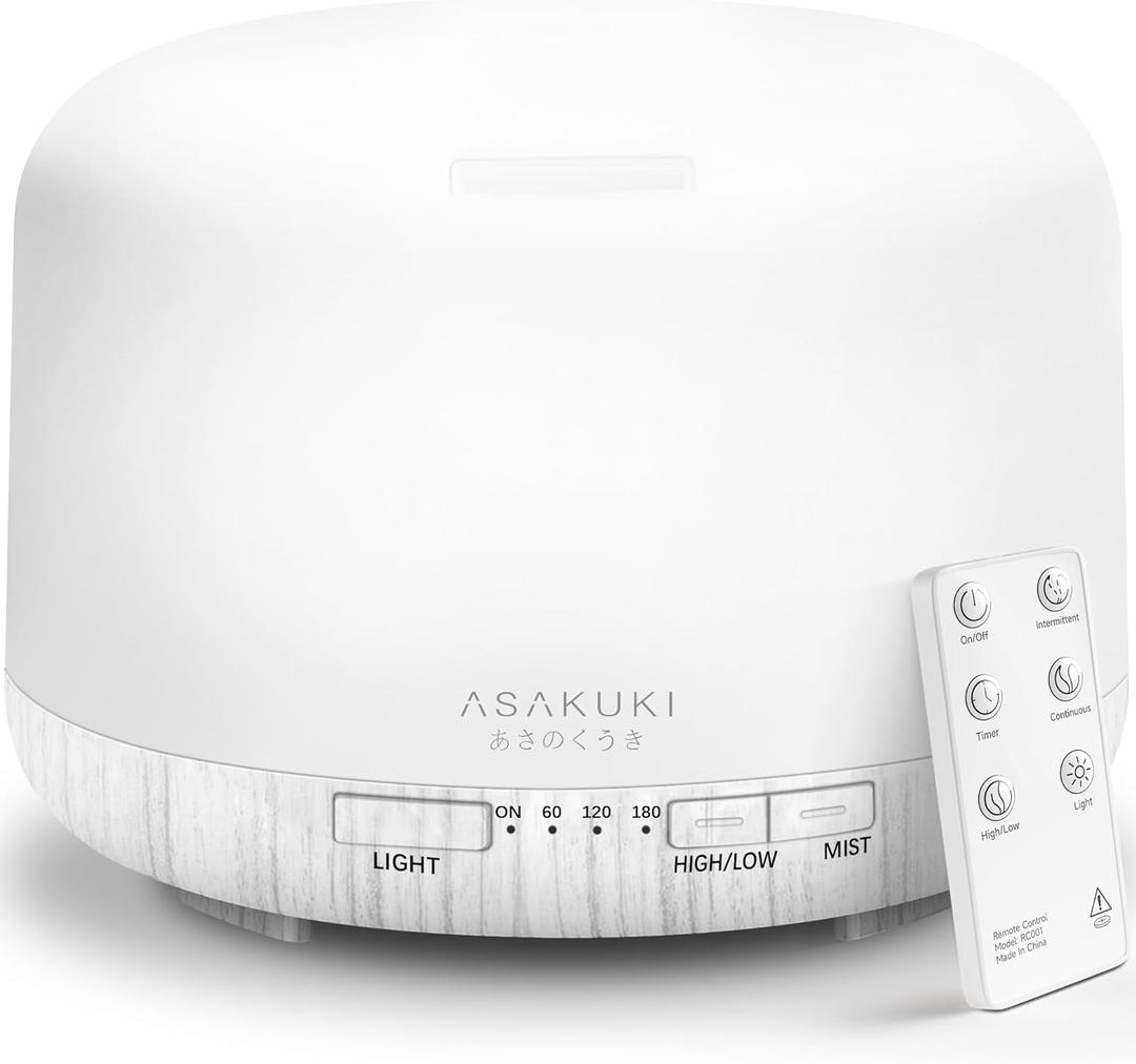 ASAKUKI Essential Oil Diffuser for Home, 500ML Aromatherapy Diffuser Humidifier with Remote Control, 7 Color LED Lights, Quiet Cool Mist Diffuser for Bedroom, Office, Gift for Mom (White)
