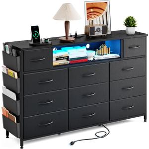 Fixwal Long Dresser for Bedroom with Charging Station and LED Lights, Black Dresser TV Stand with 11 Drawers, Fabric Chest of Drawers with PU Finish for Bedroom, Living Room, Entryway