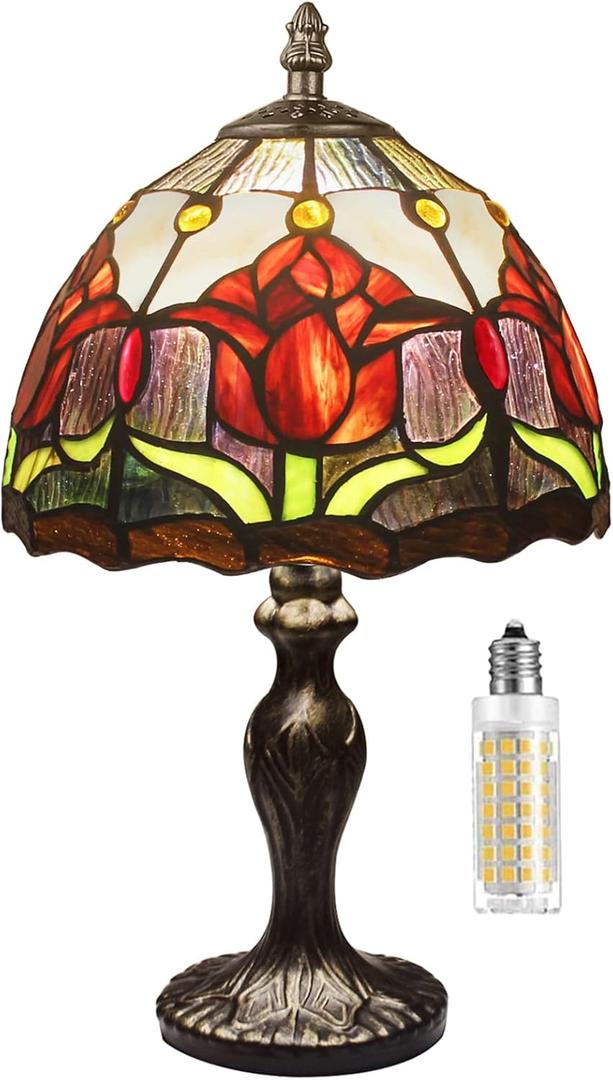 Stained Glass Table Lamp,Stained Glass Crystal Bead Style Table Light, Handmade Desk Bedside Night Light, Antique Art Craft Gifts Lover Living Room Bedroom Bookcase (Red Tulips)