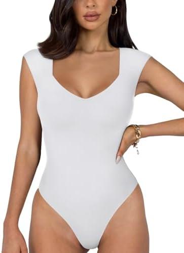 REORIA Butsmooth® Women's Trendy Sexy Casual V Neck Double Lined Sleeveless Slimming Going Out Tank Top Bodysuits , Size Medium