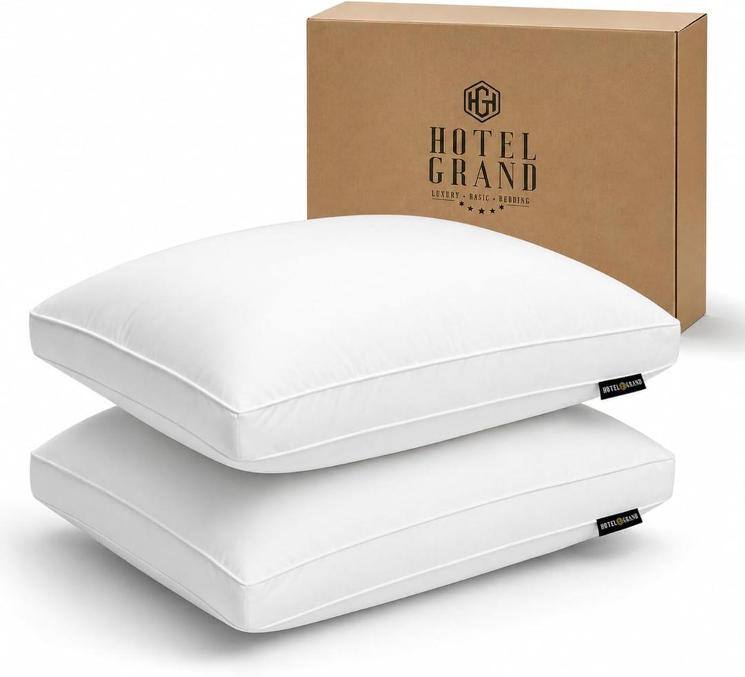 Hotel Grand Luxury Goose Feather & Down Fiber Pillows King Size Set of 2, Firm Support Gusseted Design, 100% Cotton Cover, No-Flat Fluffy Comfort for Side and Back Sleepers