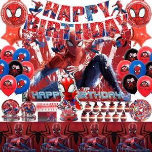 Superhero theme birthday decorations,party supplies,Include Birthday Banner, Backdrop, Hanging Swirls, Balloons, Cupcake Toppers, Tablecloth.