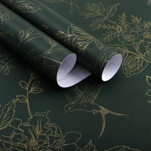 Dark Green and Gold Wallpaper Floral Peel and Stick Wallpaper 17.7"x393.7" Vintage Floral Contact Paper Peel and Stick Flowers Birds Removable Self Adhesive Wall Paper for Bedroom Cabinets