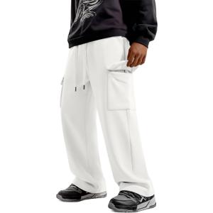Boys' Cargo Sweatpants Baggy Wide Leg Elastic Waist Open Bottom Casual Pants Workout Active Joggers with 4 Pockets (White) 12-13 Years