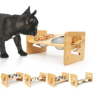 Raised Dog Bowl, Elevated Dog Bowls, Tilted Pet Food Water Bowl, Slanted Bamboo Feeding Station with Stainless Steel Bowls for Small & Medium Dogs, Cat Kitten Flat Faced French Bulldog Puppy Feeder